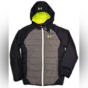 SZ BOYS M UNDER ARMOUR COAT PUFFER QUARTERED NEON BLACK GRAY COLDGEAR NEW